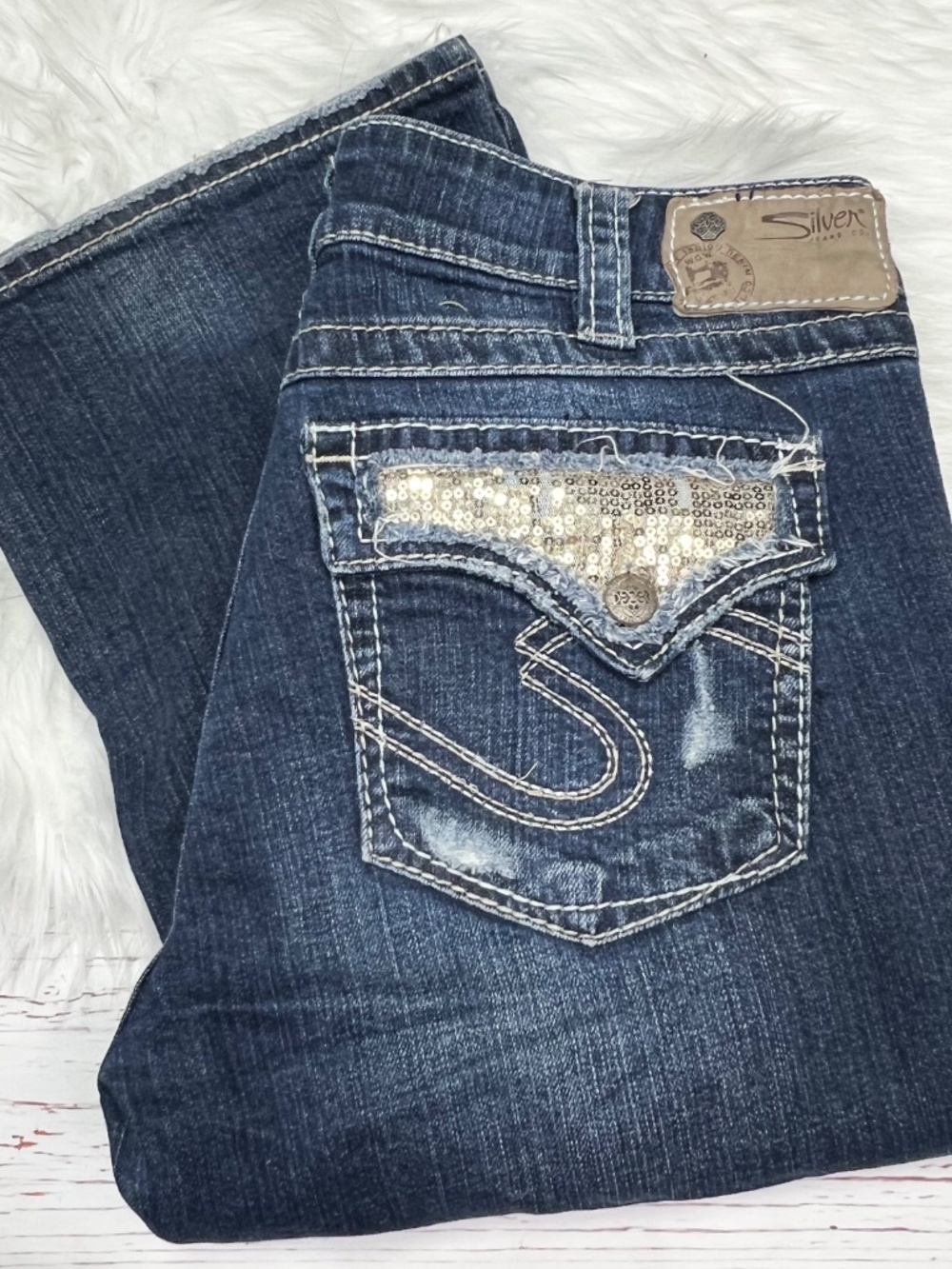 Silver • Suki Surplus Bootcut Jeans Sequin Flap Pockets Distressed W31 L34